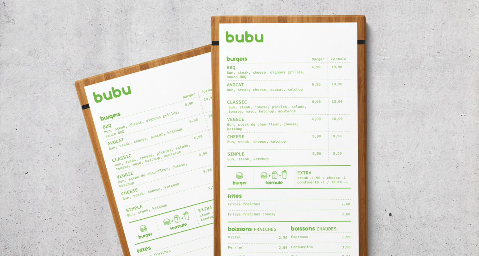 mise en page et direction artistique menu restaurant bubu burger